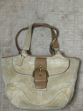 Coach Beige Suede Shoulder Bag with Tan Leather Trim